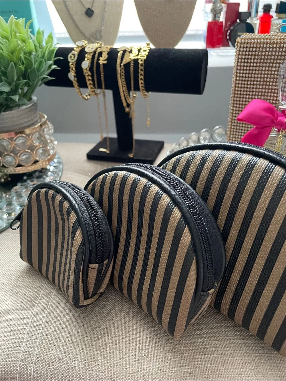 ✨🖤Striped Black & Tan Travel Pouch Set - 3 Piece🖤✨NEW